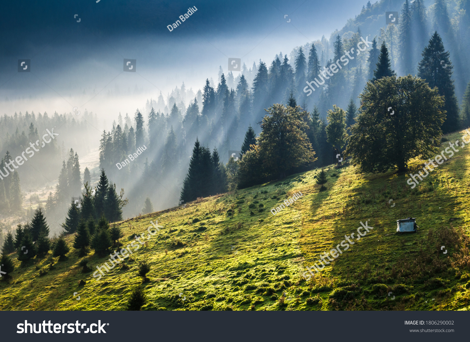 Peaceful morning in the mountain with forest and fog in background. Morning rays and fog above a village in mountains. #1806290002