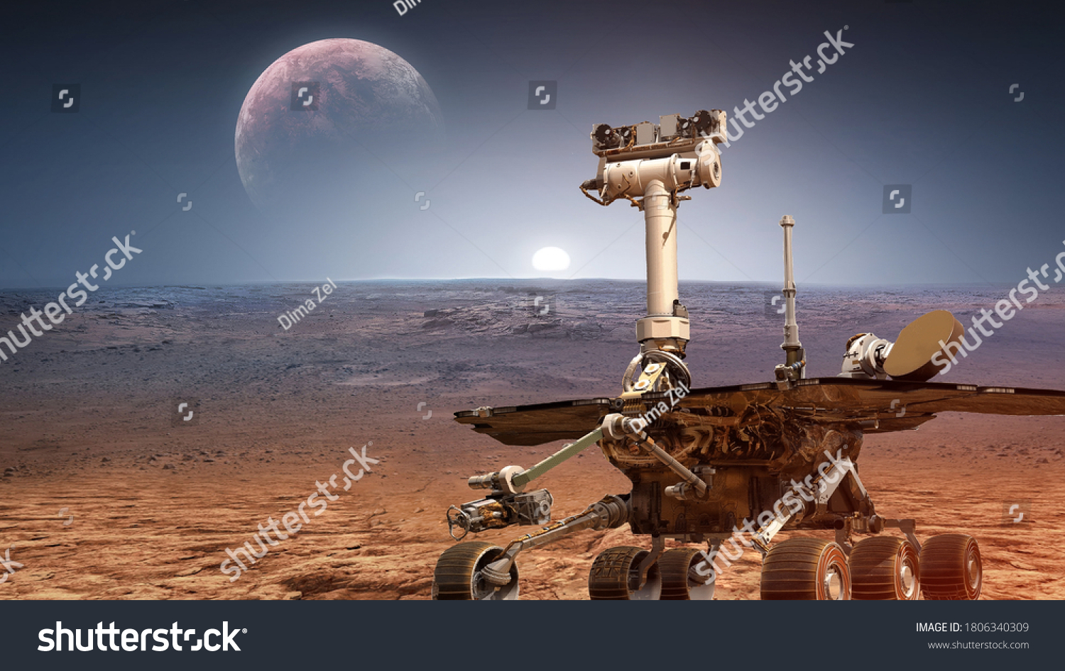 Martian rover Curiosity on surface of red planet Mars. Research of red planet. Perseverance 2020 rover. Elements of this image furnished by NASA #1806340309
