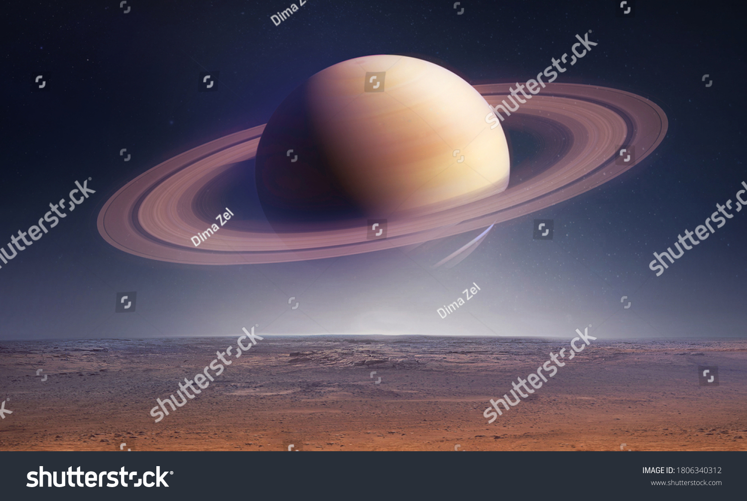 Landscape with saturn planet in sky with stars. Fantasy space wallpaper with planet over the land. Sci-fi. Elements of this image furnished by NASA #1806340312
