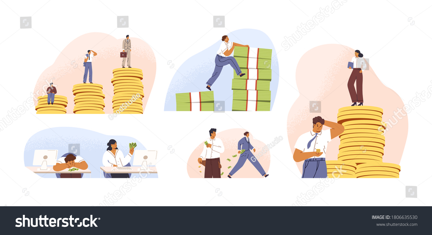 Set of rich and poor people with different salary, income or career growth unfair opportunity. Concept of financial inequality or gap in earning. Flat vector cartoon illustration isolated on white #1806635530