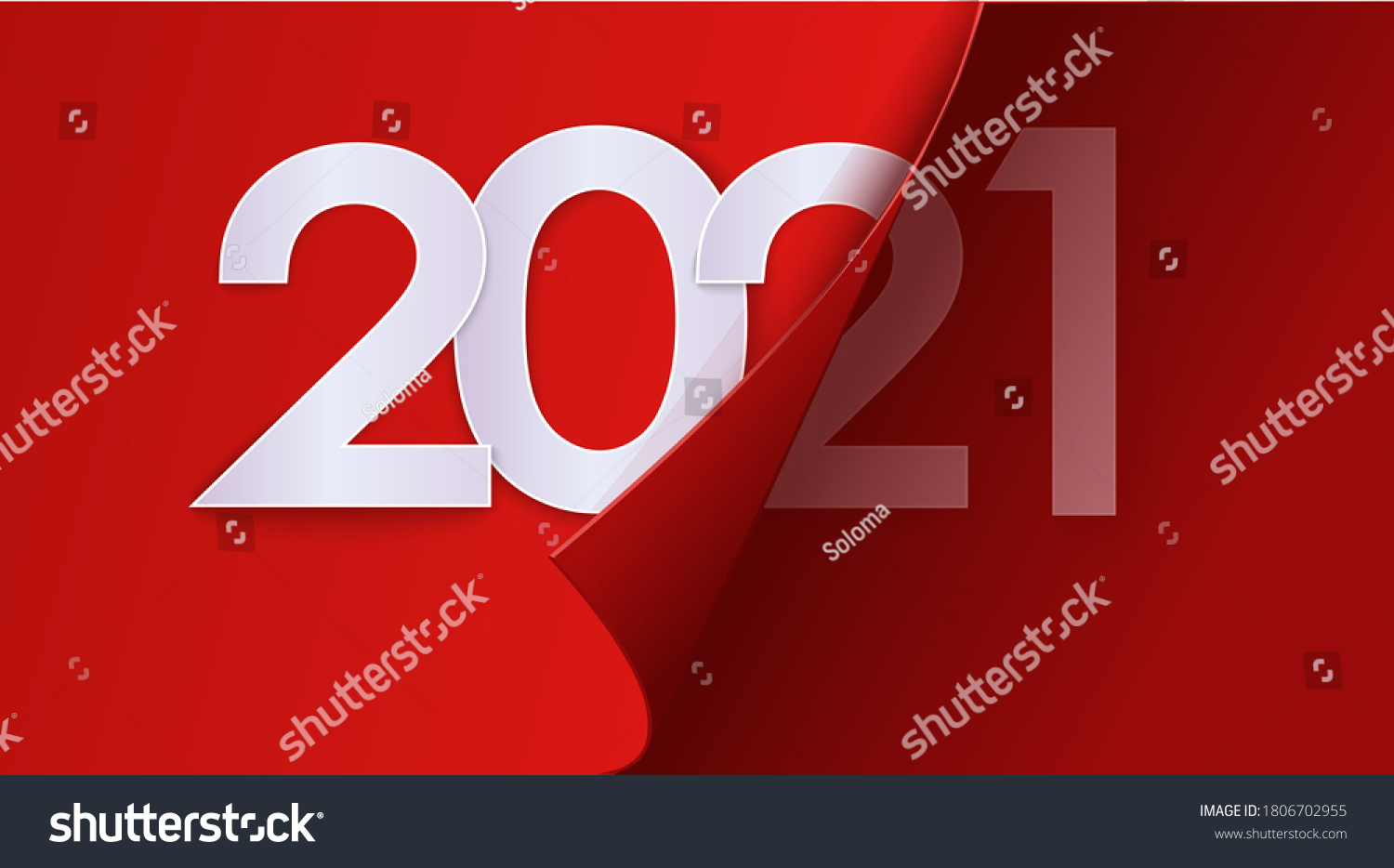 Happy New Year 2021 winter holiday greeting card design template. End of 2020 and beginning of 2021. The concept of the beginning of the New Year. The calendar page turns over and the new year begins. #1806702955