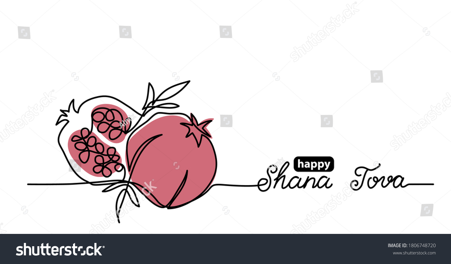 Shana tova simple vector background with pomegranate. One continuous line drawing with lettering happy Shana tova. #1806748720