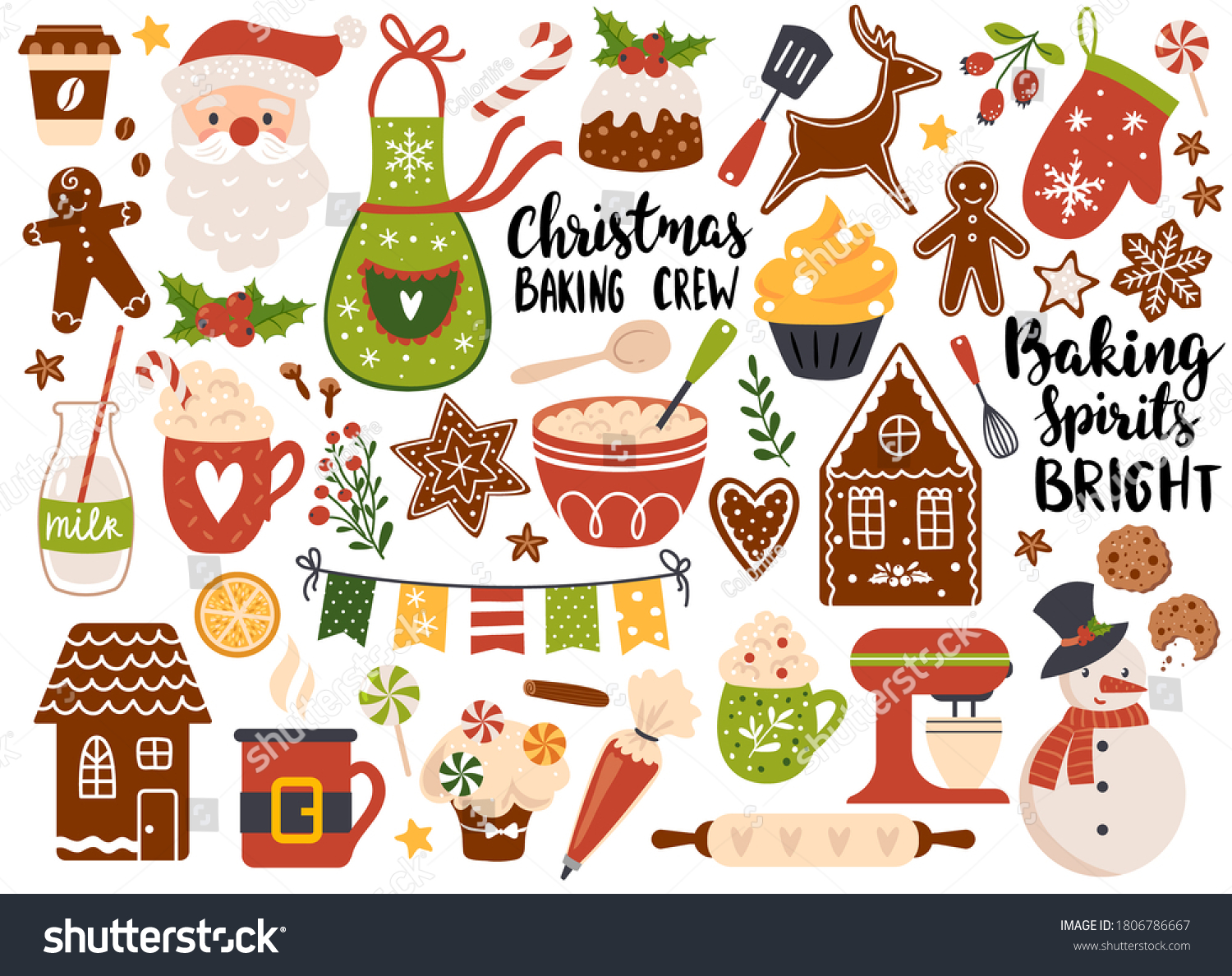 Christmas baking, Set of festive gingerbread cookies and holiday drinks. Vector illustration. Perfect for sticker kit, scrapbooking, greeting card, party invitation, poster, tags #1806786667