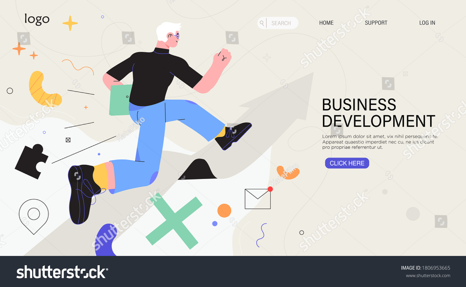 Businessman running on arrow through obstacles to his goal. Business developement, career success or growth and opportunity, startup concept banner, landing web page. Creative trendy character. #1806953665