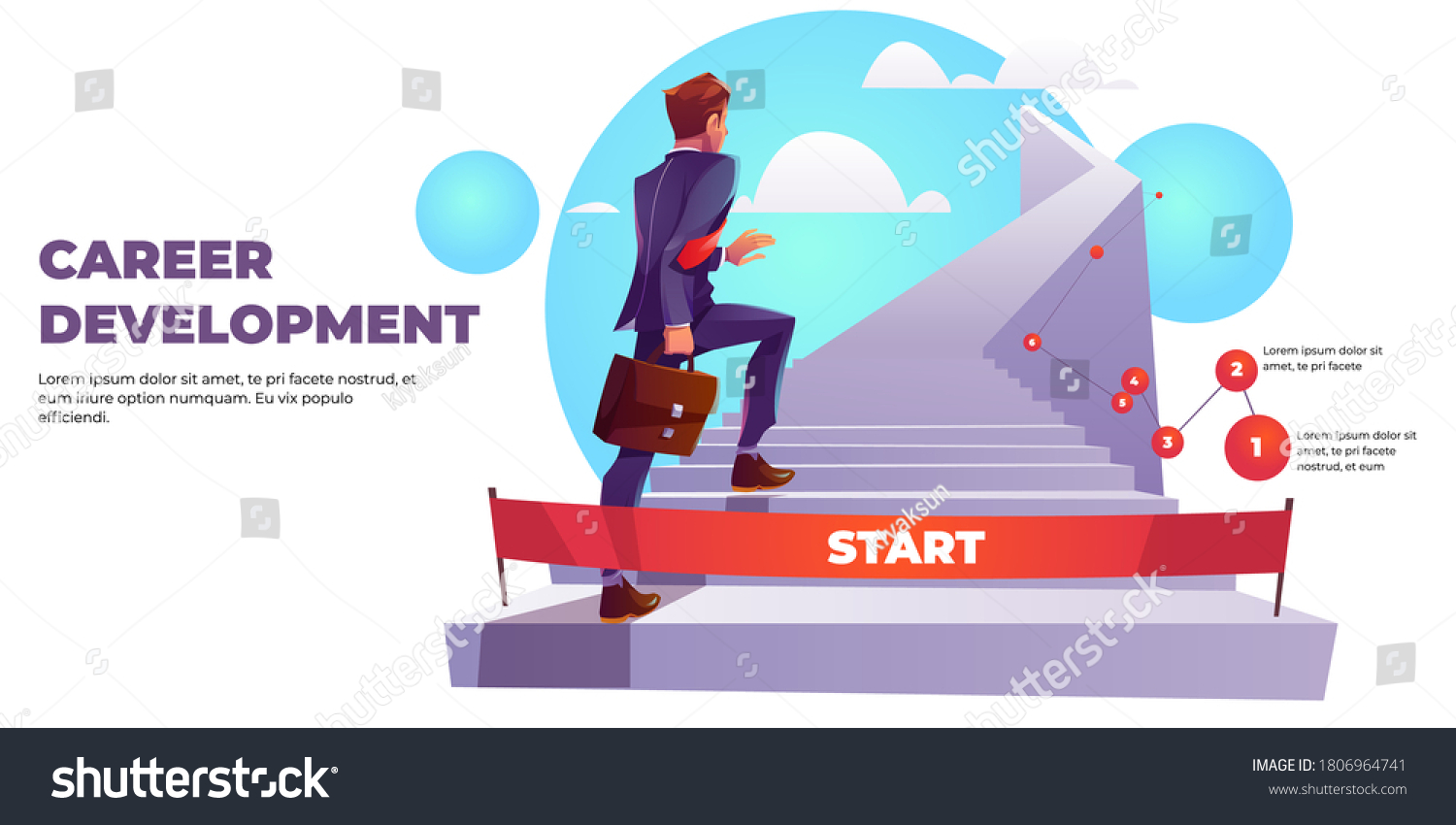 Career development infographics banner, ladder to success. Businessman climbs up stairs from start. Business and finance success achievement. Ambition plan, work opportunity Cartoon vector illustration #1806964741
