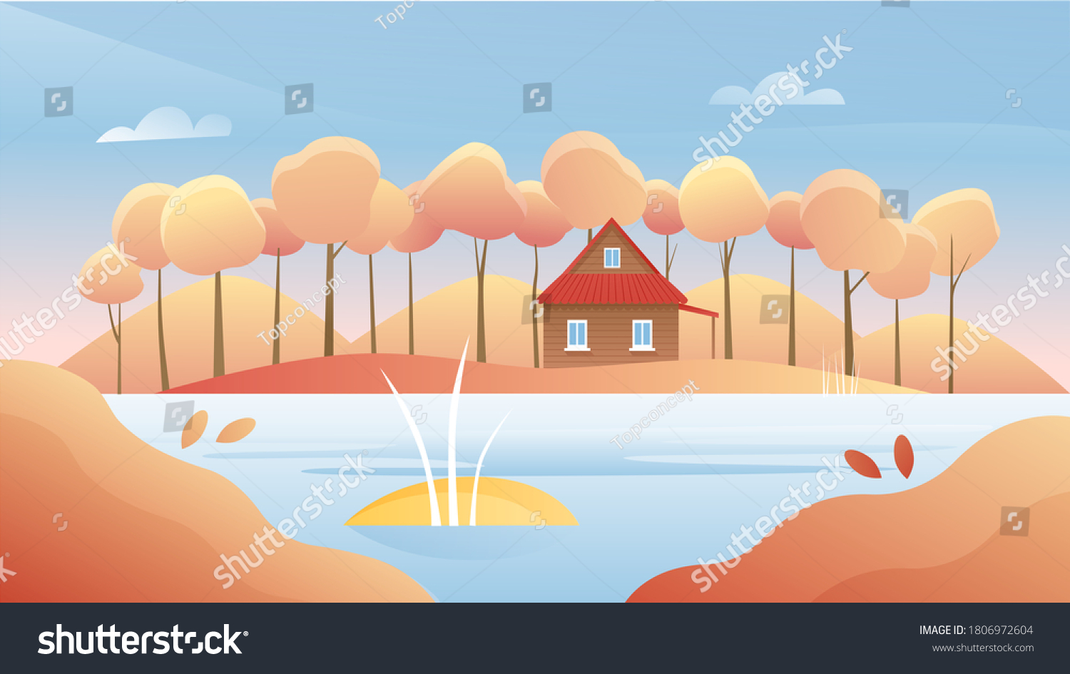 Autumn river landscape vector illustration. Cartoon flat autumnal sunny day, panorama nature woodland scenery with forest trees, rural wooden house on riverbank, fall season scenic woods background