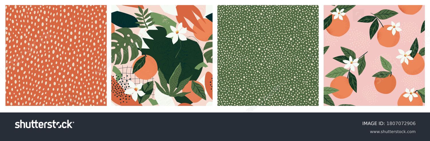 Collage contemporary orange floral and polka dot shapes seamless pattern set. Modern exotic design for paper, cover, fabric, interior decor and other users. #1807072906