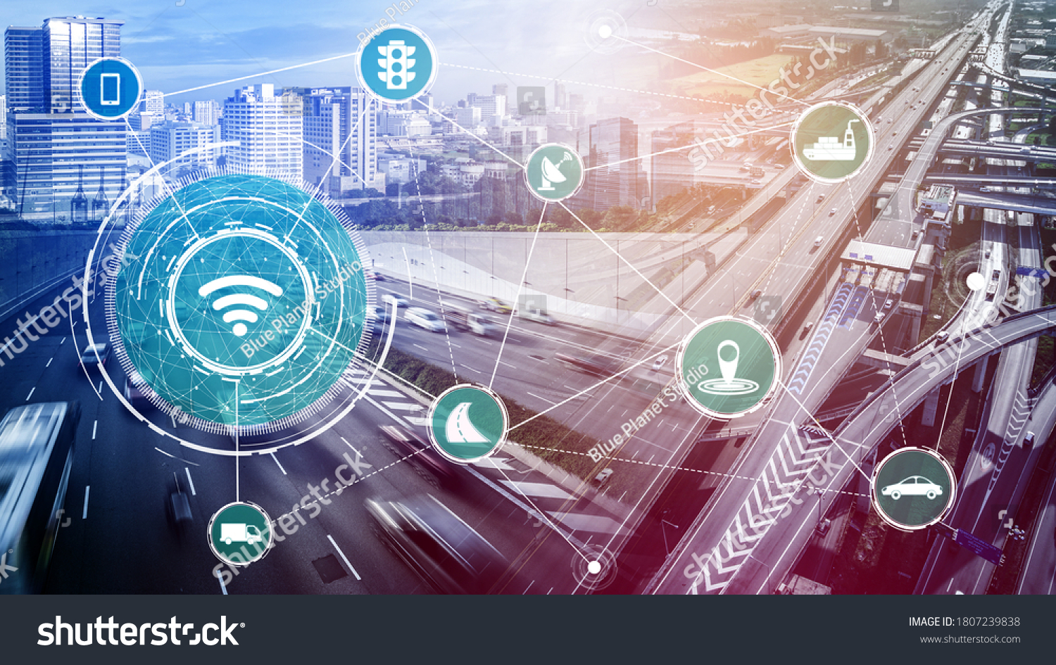 Smart transport technology concept for future car traffic on road . Virtual intelligent system makes digital information analysis to connect data of vehicle on city street . Futuristic innovation . #1807239838