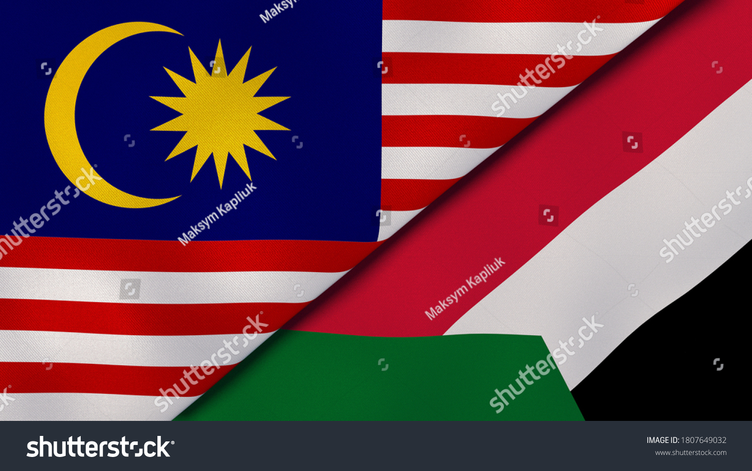 Two states flags of Malaysia and Sudan. High quality business background. 3d illustration #1807649032