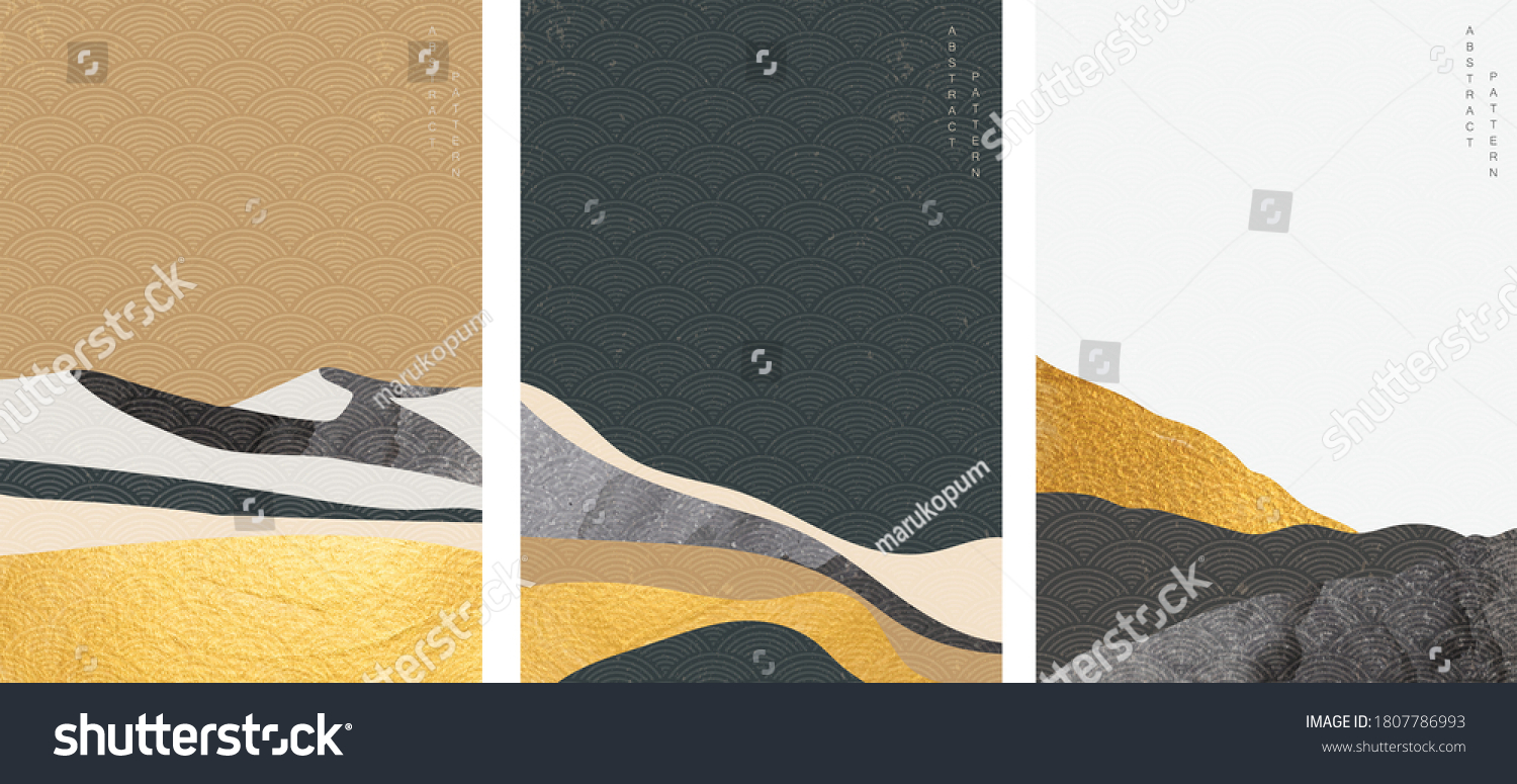 Art landscape background with Gold and black texture vector. Mountain forest template with Japanese wave pattern in oriental style.  #1807786993