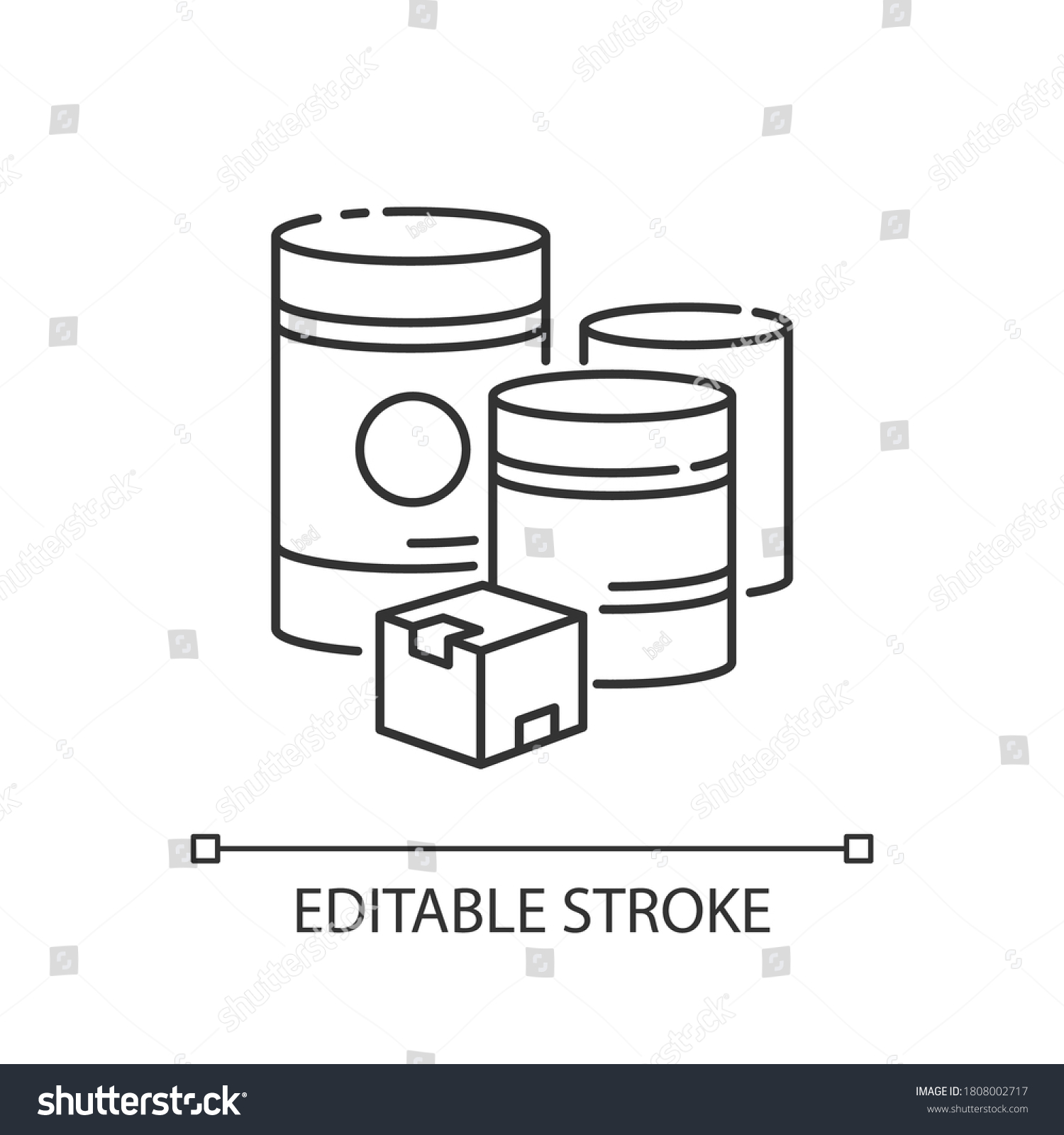 Raw materials pixel perfect linear icon. Natural resources, manufacturing thin line customizable illustration. Contour symbol. Box and barrels vector isolated outline drawing. Editable stroke #1808002717