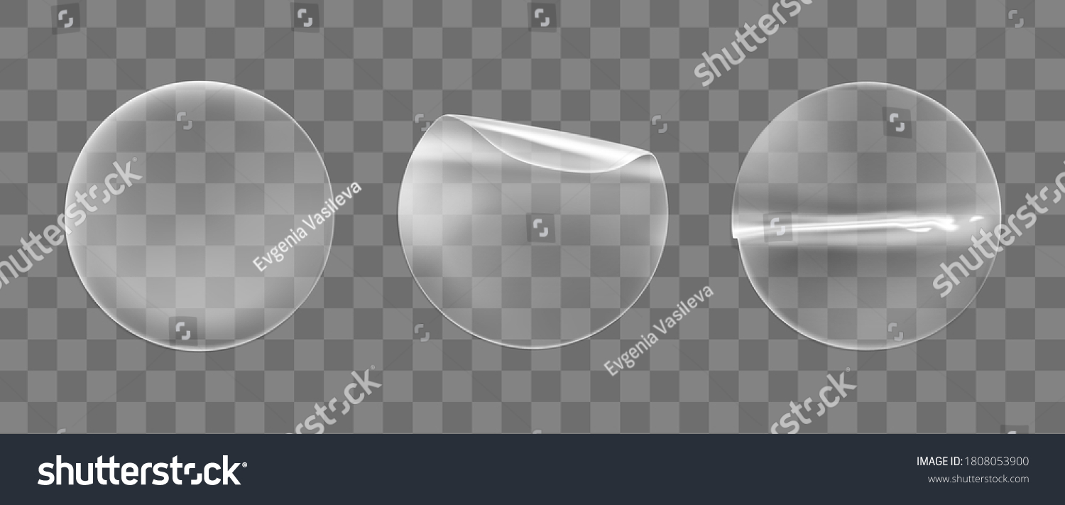 Transparent round adhesive stickers mock up set isolated on transparent background. Plastic crumpled round sticky label with glued effect. Template of a label or price tags. 3d realistic vector mockup #1808053900