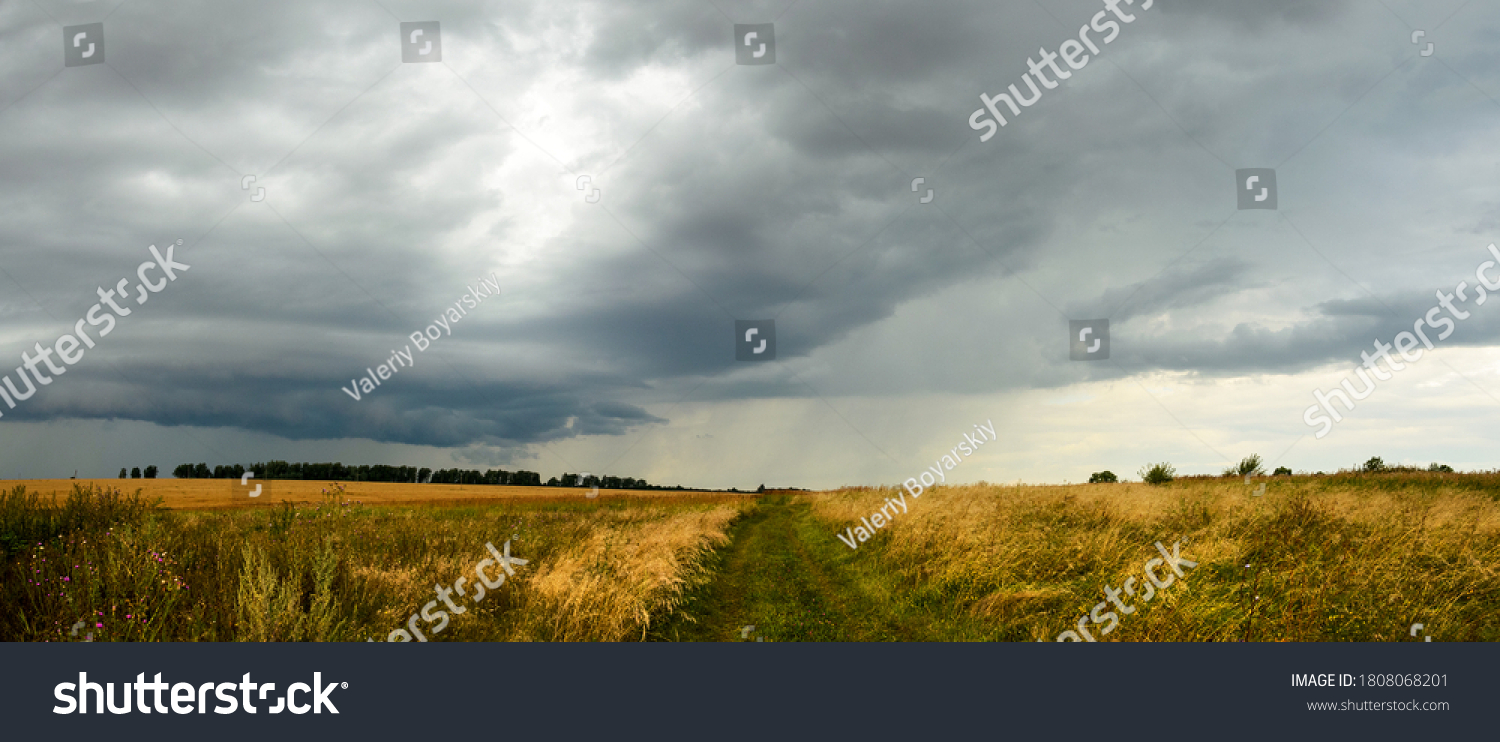 Summer cloudy panoramic landscape with rural road passing through meadows and fields.Ominous clouds in overcast sky over the ripe wheat agricultural fields.Heavy rain and thunderstorm coming. #1808068201
