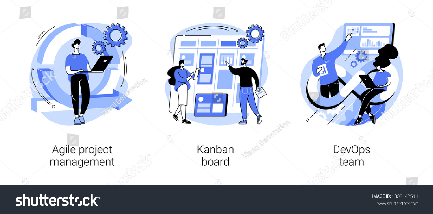 Software development company abstract concept vector illustration set. Agile project management, kanban board, devOps team, scrum meeting, project life cycle, stakeholder, testing abstract metaphor. #1808142514