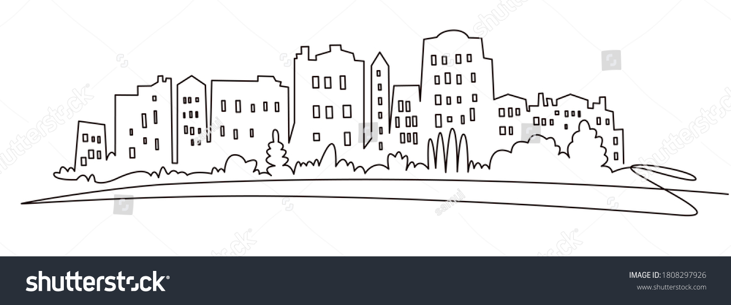 Modern cityscape continuous one line vector drawing. Metropolis architecture panoramic landscape. New York skyscrapers hand drawn silhouette. Apartment buildings isolated minimalistic illustration #1808297926