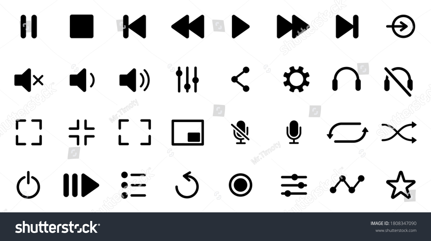 Media player icons set. Collection of multimedia symbols and audio, music speaker volume, interface, design media player buttons. Play, pause, stop, record, forward, rewind, previous, next, eject. #1808347090