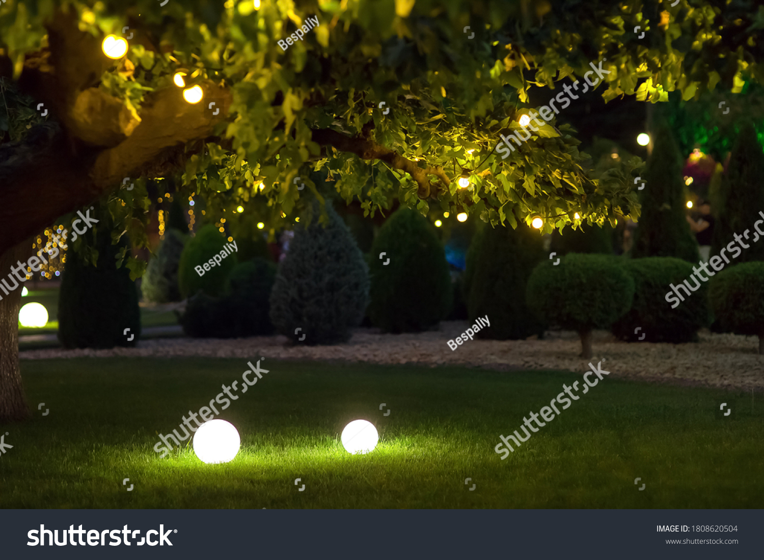illumination backyard light garden with electric ground lantern with round diffuser lamp with garland of light bulbs on tree branches, dark landscaping park with illuminate night scene, nobody. #1808620504