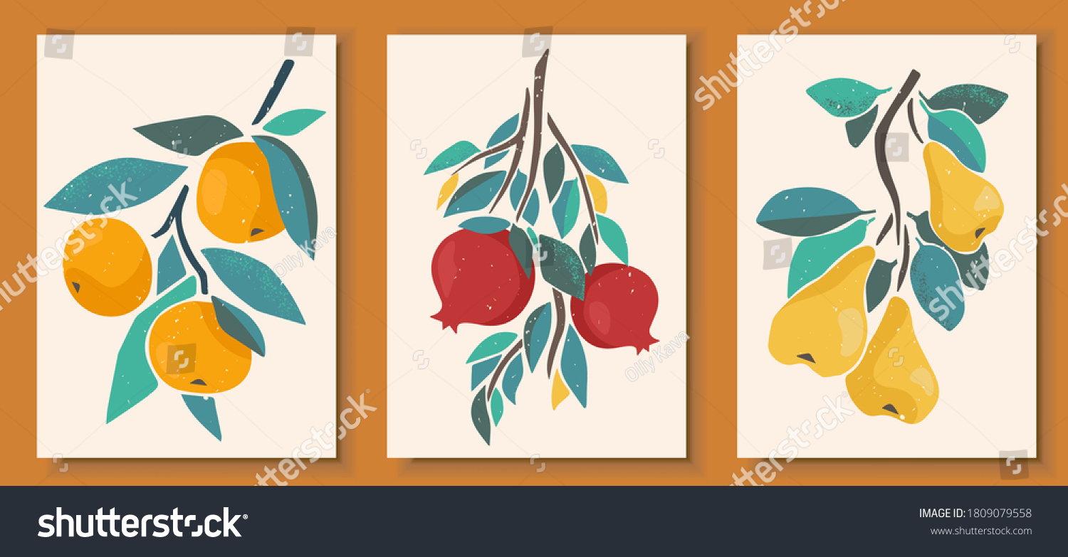 Abstract still life in pastel colors posters. Collection of contemporary art. Abstract elements, fruits for social media, postcards, print. Hand drawn pear, pomegranate, tangerine, orange branches. #1809079558