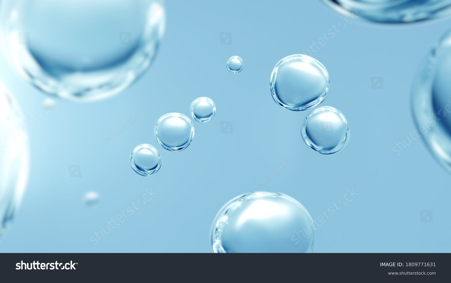Effervescent fizz and clean cosmetics hygiene or rejuvenate renewable energy. Studio shot of transparent cosmetic blue gas bubbles under water in full-frame macro close up with selective focus blur.  #1809771631