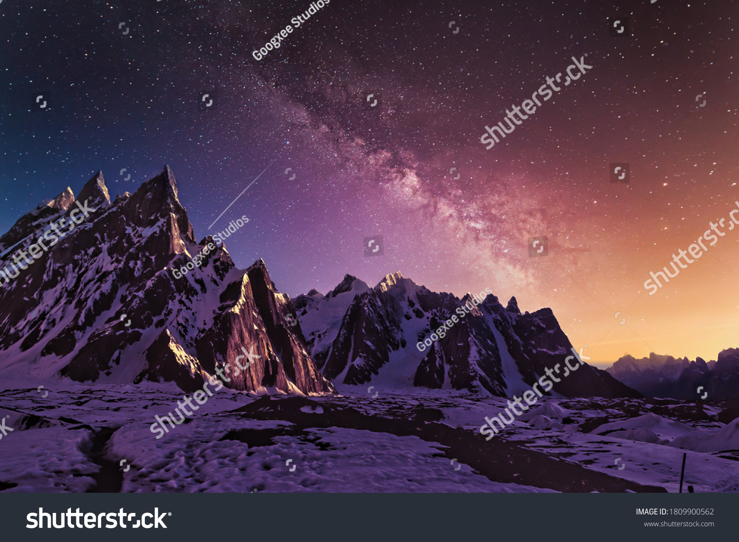 Snow mountains with dramatic starry evening galaxy Beautiful HD wallpaper #1809900562