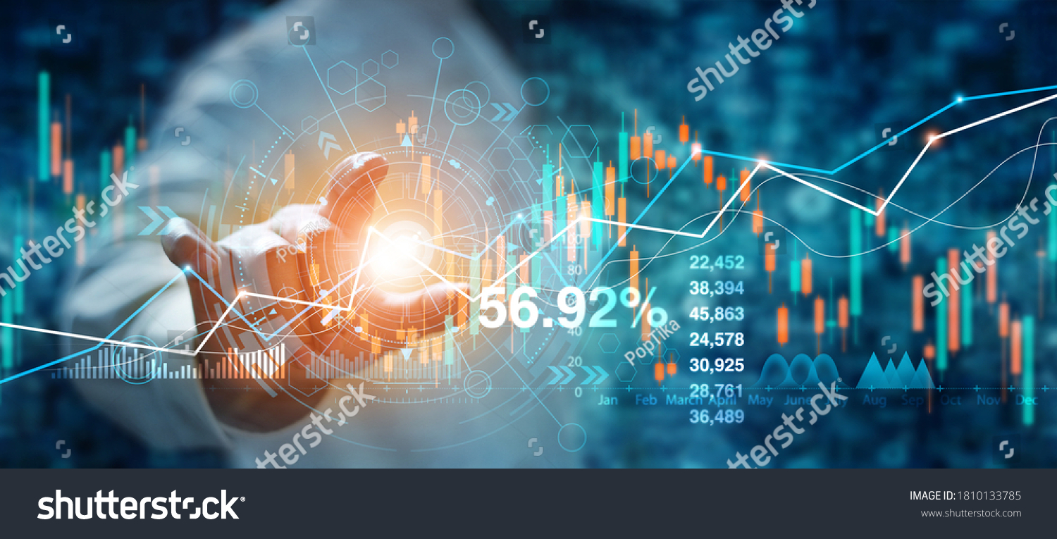 Businessman hand touching of forex graph growth interface and financial data analysis. Stock market on blue background. #1810133785