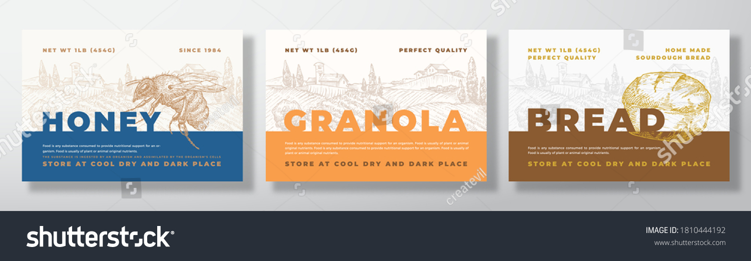 Hone, Granola and Bread Food Label Templates Set. Abstract Vector Packaging Design Layouts Bundle. Modern Typography Banners with Hand Drawn Rural Landscape Background. Isolated. #1810444192