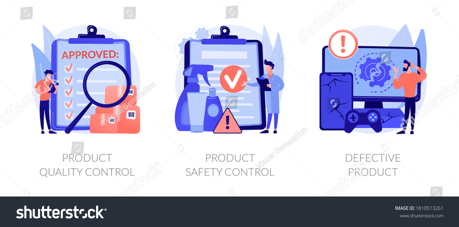 Product manufacturing abstract concept vector illustration set. Product quality and safety control, defective product testing, customer feedback, inspection, warranty certificate abstract metaphor. #1810513261