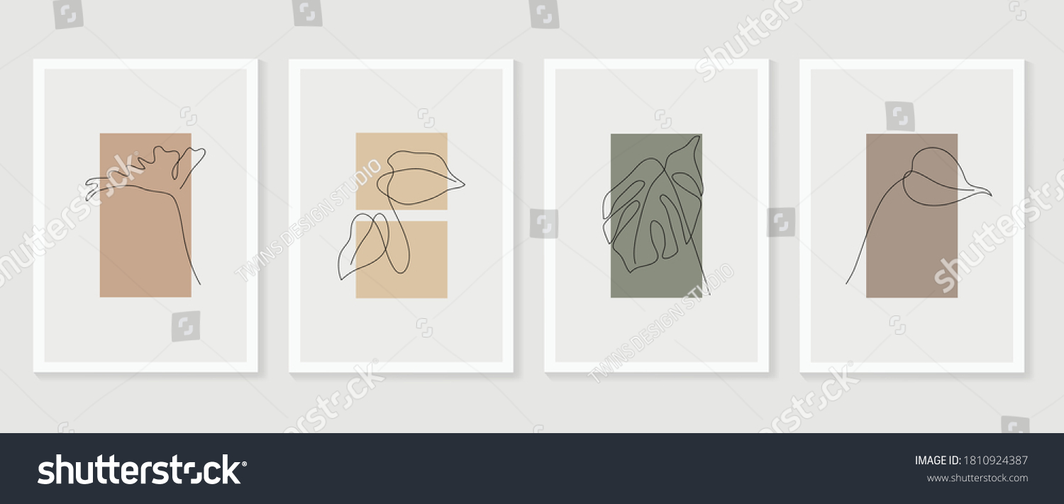 Botanical wall art vector set. Foliage line art drawing with  abstract shape.  Abstract Plant Art design for print, cover, wallpaper, Minimal and  natural wall art. Vector illustration. #1810924387