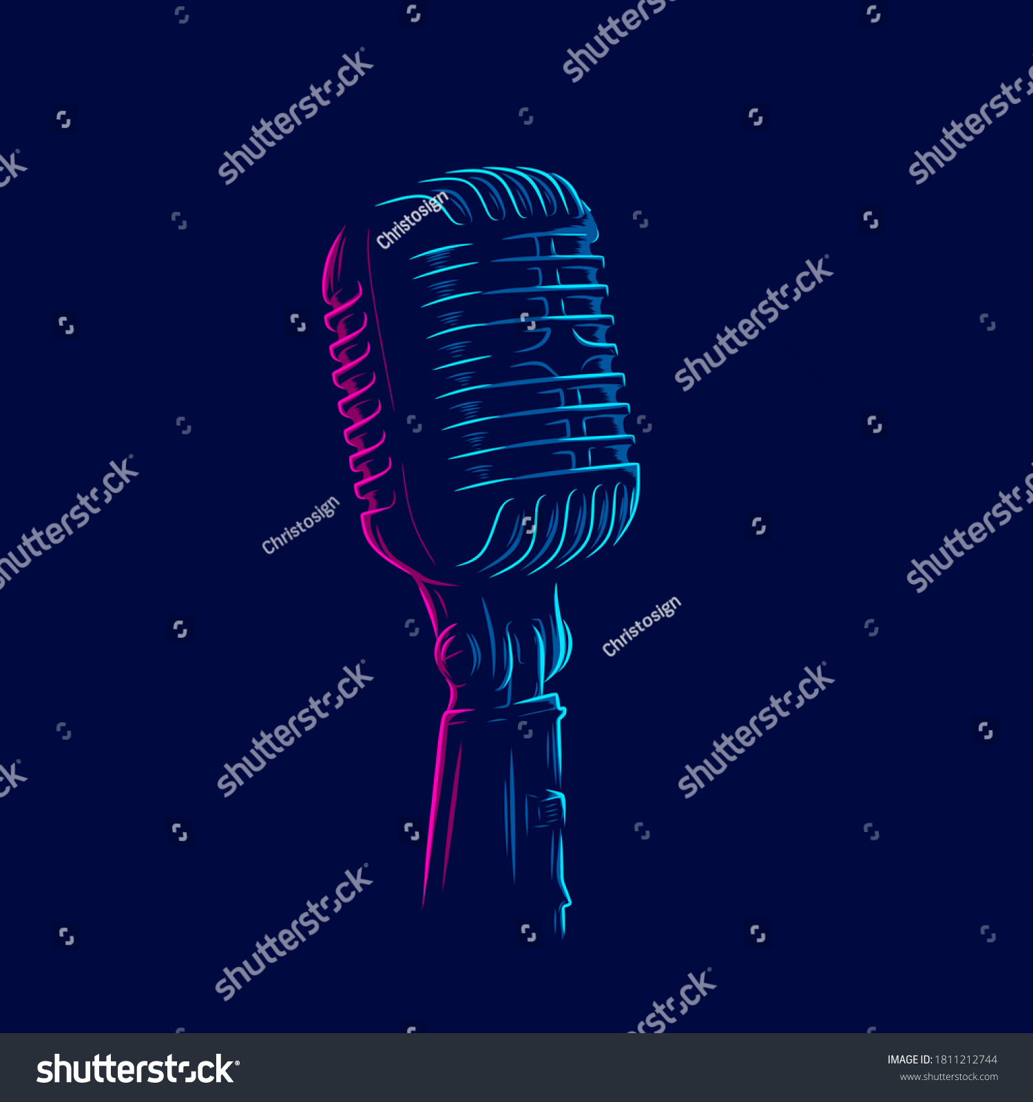microphone vintage retro mic line pop art potrait logo colorful design with dark background. Abstract vector illustration. #1811212744