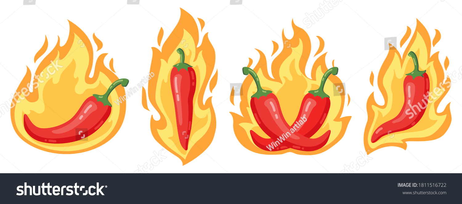 Hot chilli peppers. Cartoon spicy red chilli pepper in fire flames, red hot burning mexican peppers isolated vector illustration icons set. Organic vegetable for food sauces, cooking #1811516722