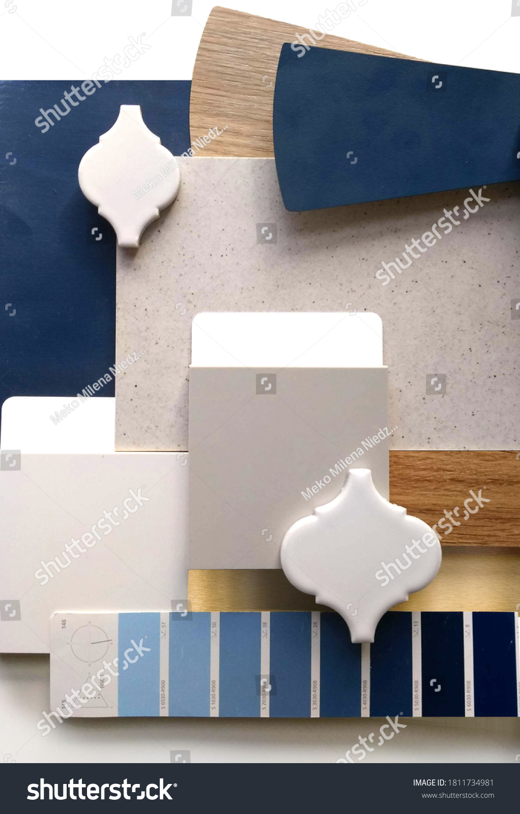 
Moodboard. Material samples. Blue, gray, white, warm wood. #1811734981
