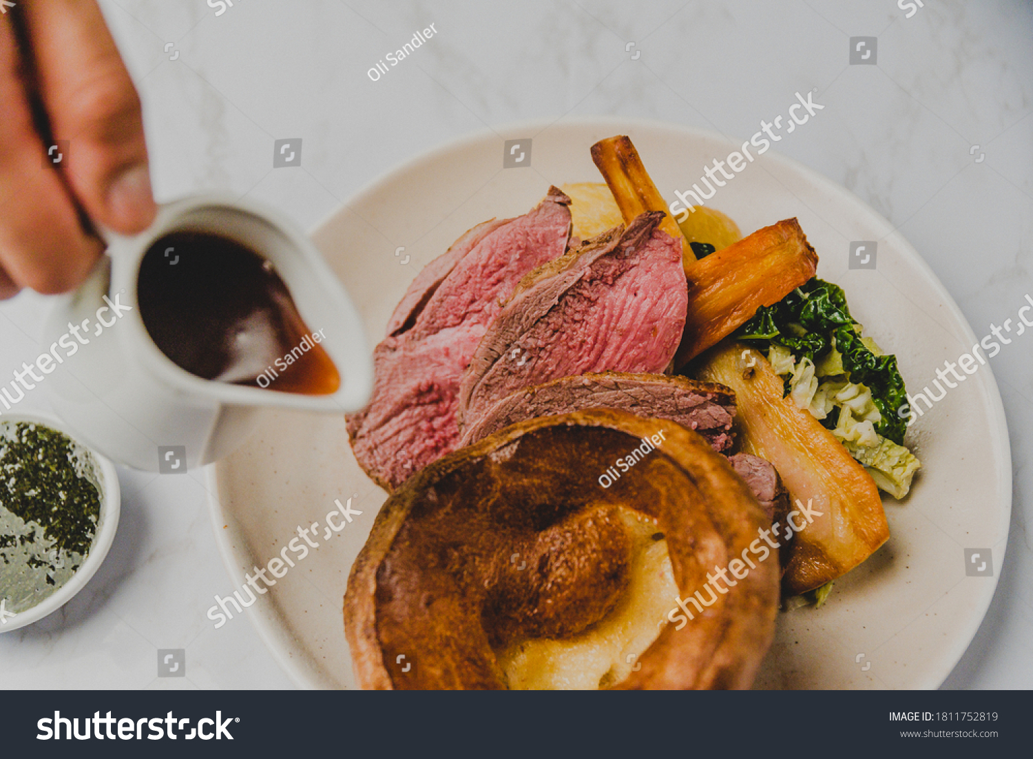 Sunday Roast Beef with Yorkshire Pudding, Roast Potatoes, Carrots, Parsnip, Broccoli and Gravy #1811752819