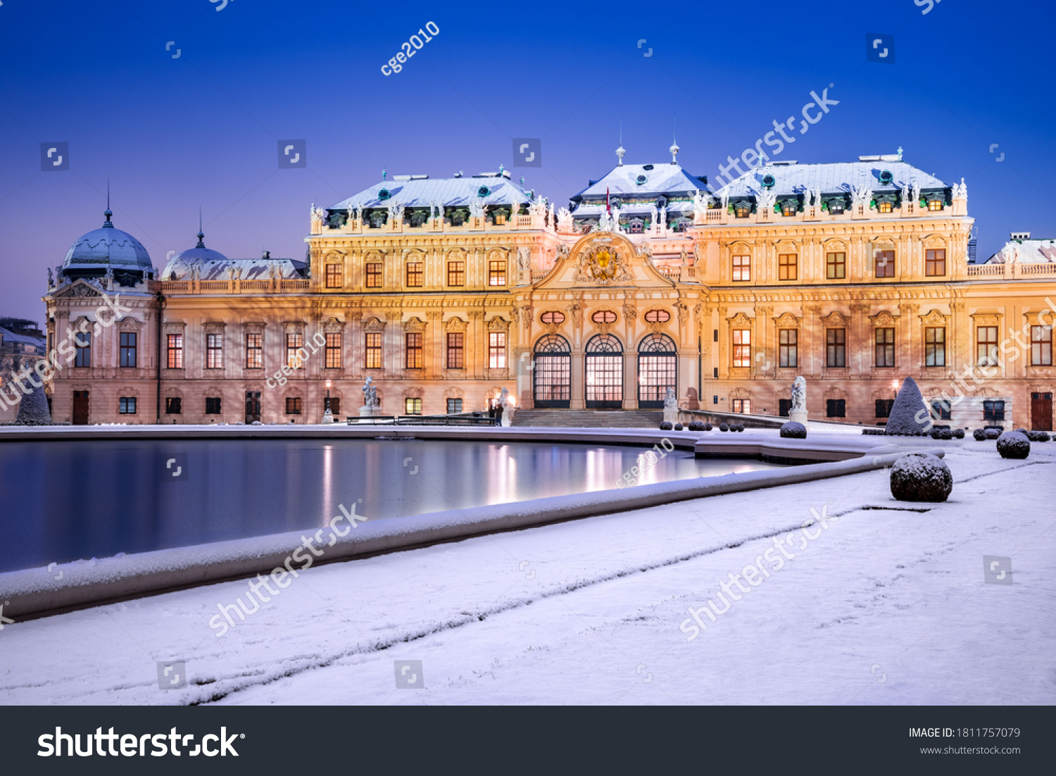 Vienna, Austria. Upper Belvedere snowy winter night reflection, Wien austrian travel background. #1811757079