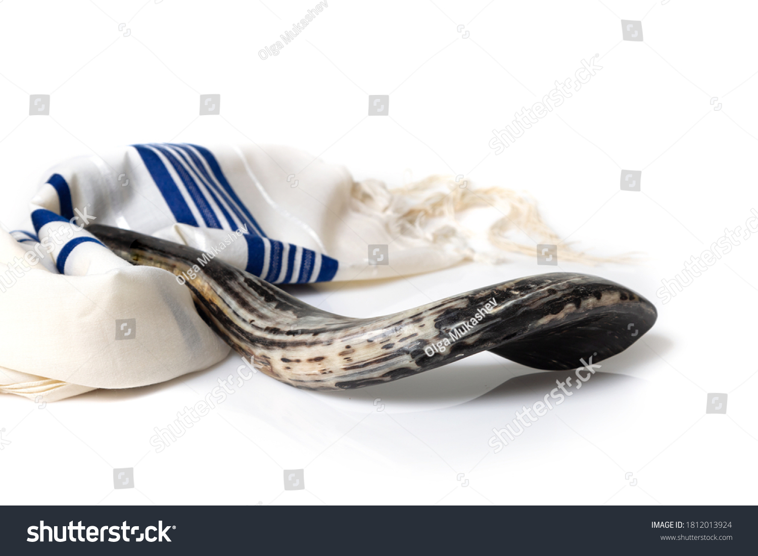 Rosh Hashana. Yom Kippur. Talit, shofar on a white background. Isolated #1812013924