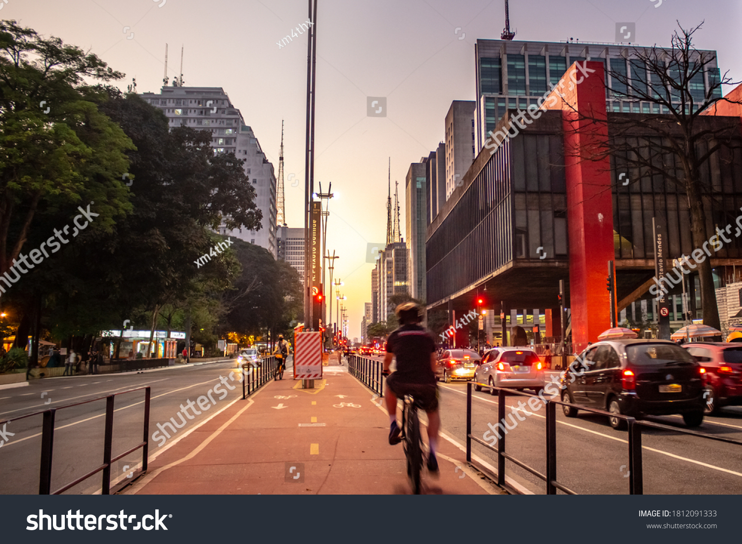 São Paulo - Man riding a bicycle on the Paulista Avenue bike path  Translation: "Next street. Peixoto Gomide street" #1812091333