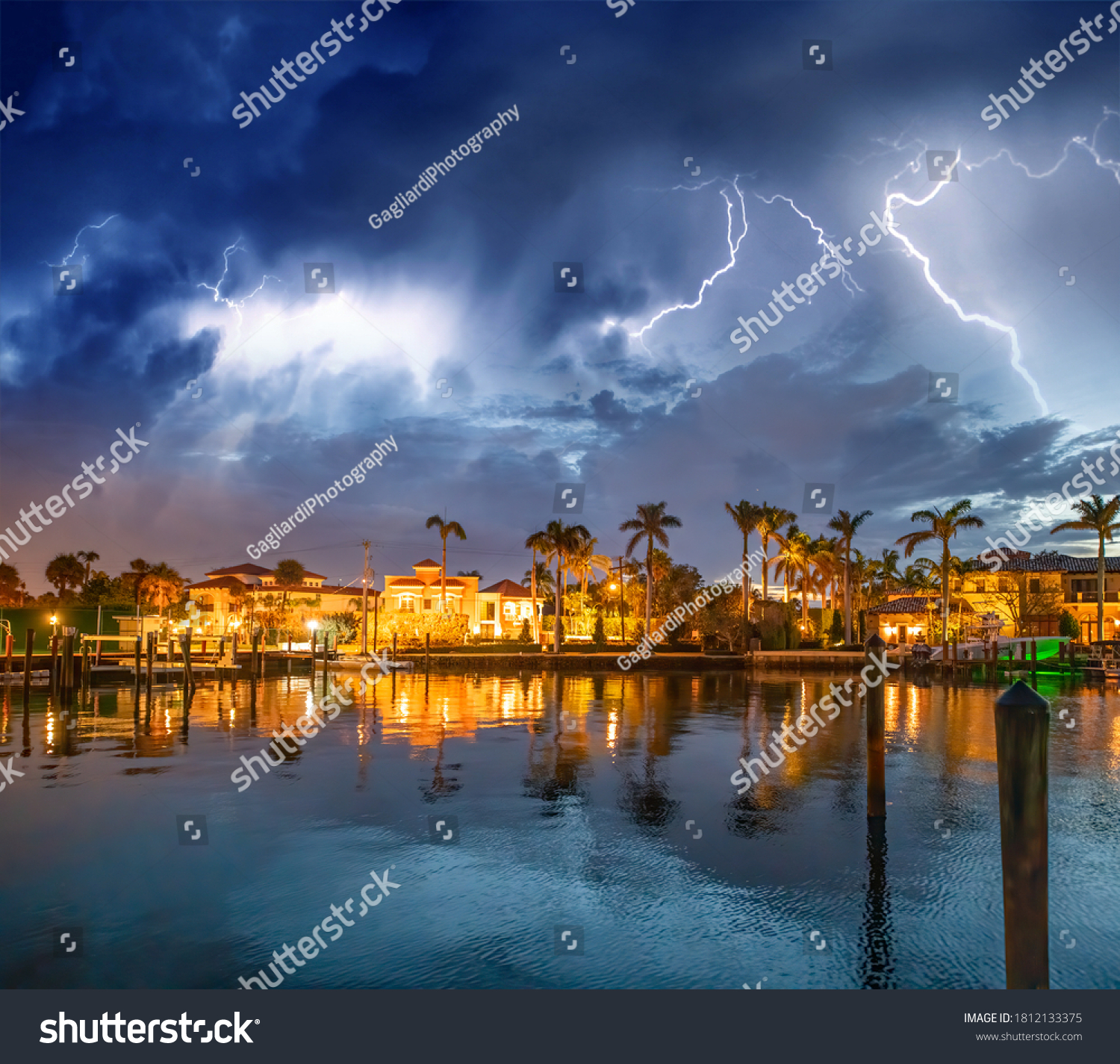 Boca Raton buildings along Lake Boca Raton during a storm, Florida. #1812133375