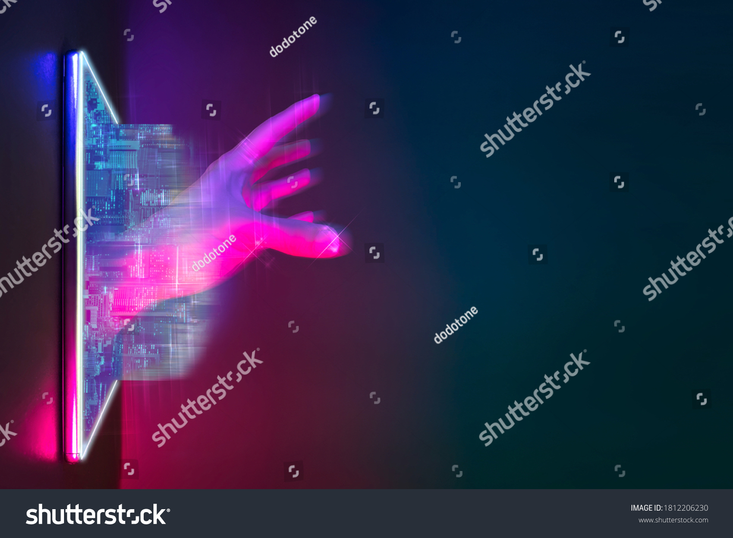 Future technology cyberpunk neon color concept. Mobile phone with city and artificial intelligence hand hologram for digital technology. Background copy space on right side. #1812206230