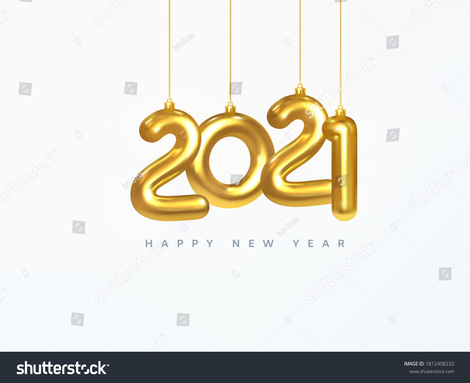 2021 New Year card. Design of Christmas decorations hanging on a gold chain gold number 2021. Happy new year. Realistic 3d. Vector illustration #1812408232