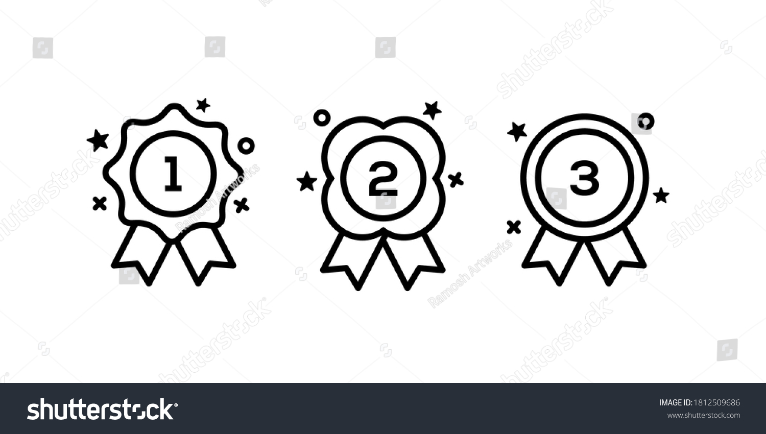 set collection of medal champion for first second and third place, 1st 2nd 3rd in black line icon Vector illustration graphic art sticker design. #1812509686