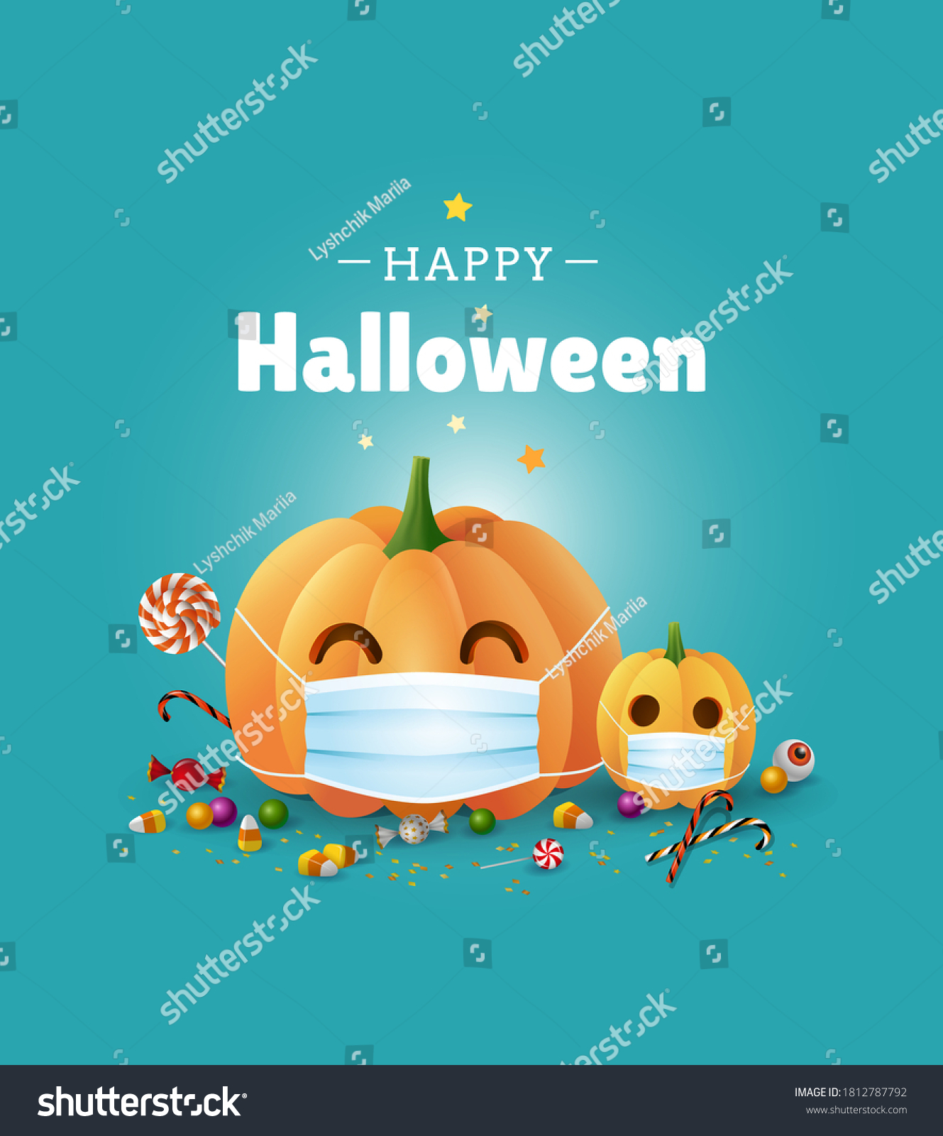 Happy Halloween greeting card design. Cute illustration with pumpkins wearing face masks for protection from coronavirus and sweets on green background. - Vector #1812787792