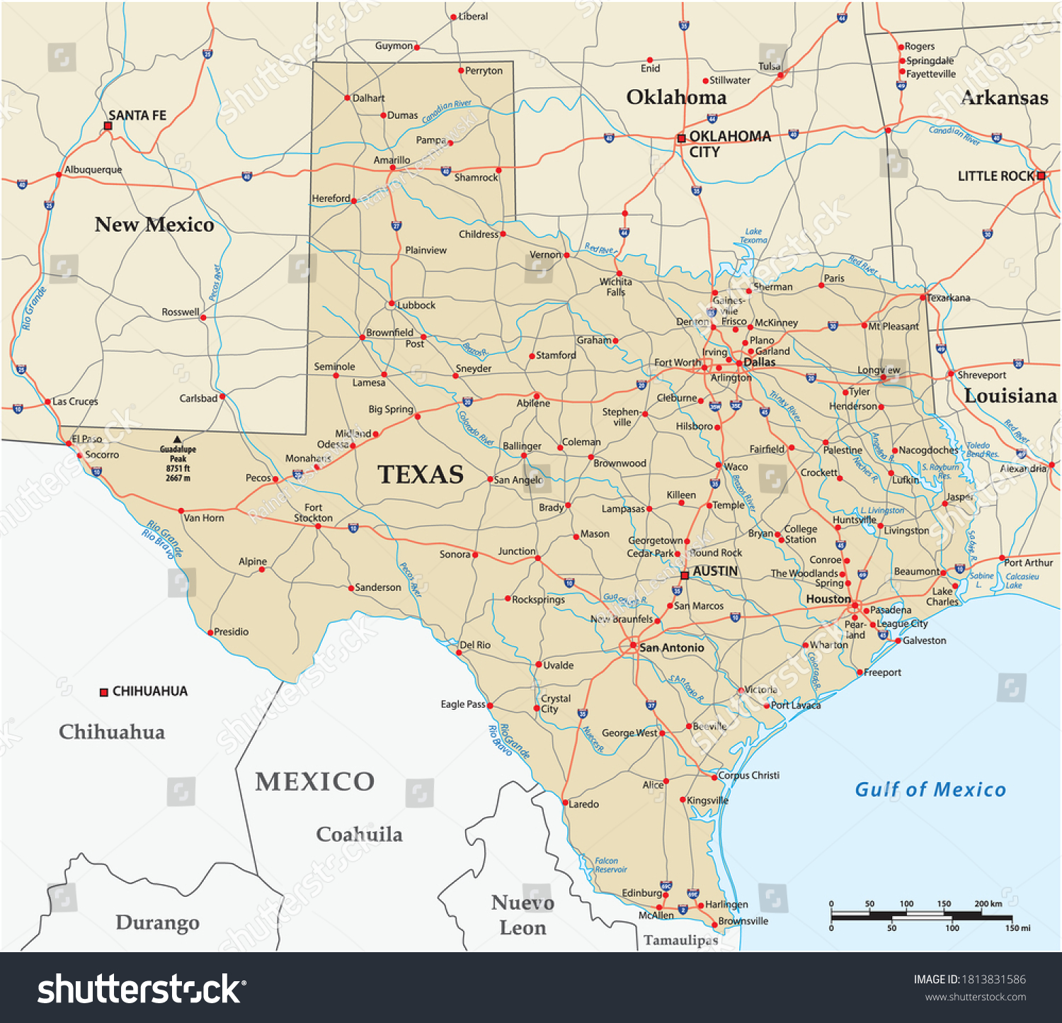 vector road map of the US state of Texas - Royalty Free Stock Vector ...