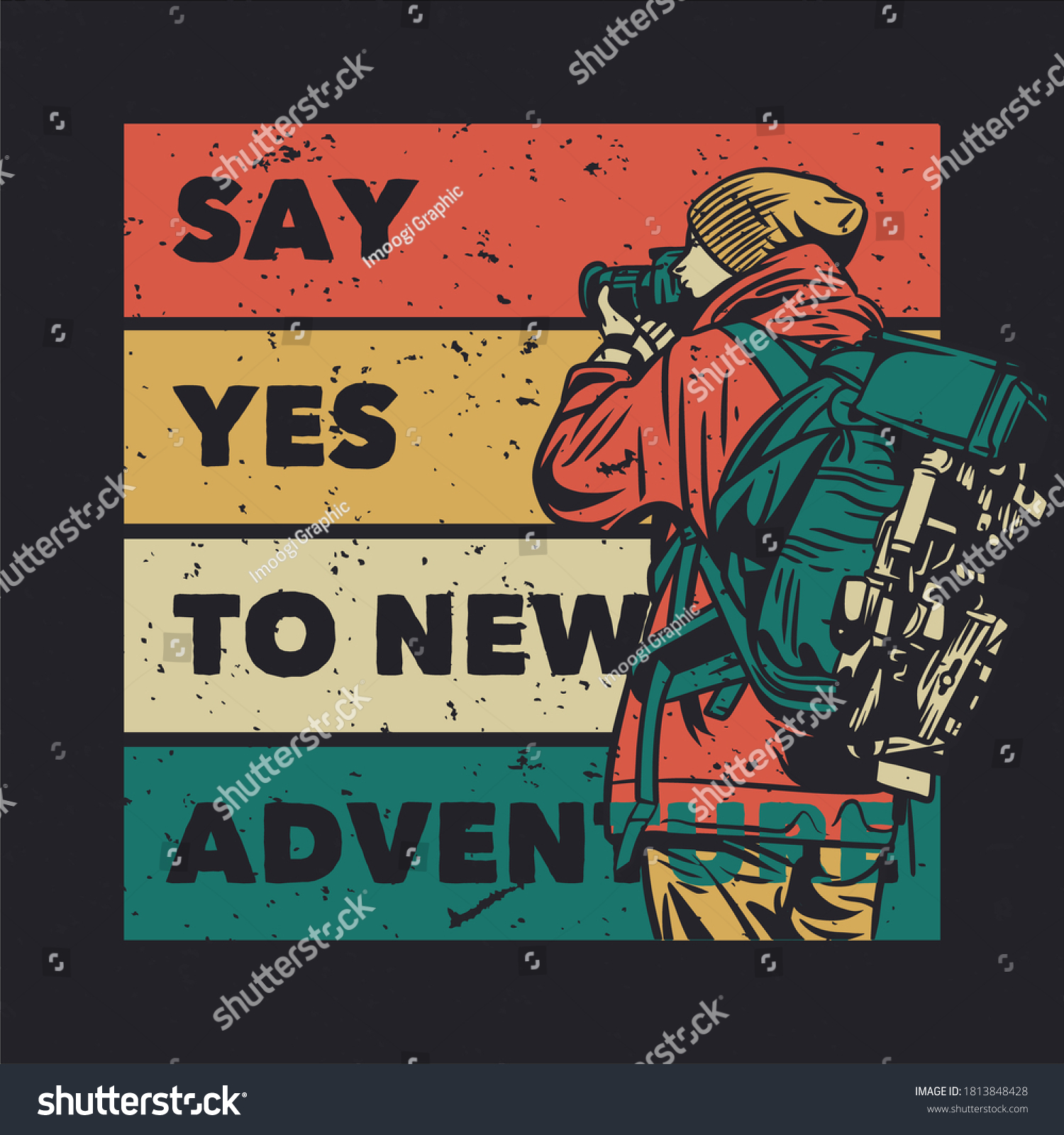 t shirt design say yest to new adventure with man taking photos with camera vintage illustration #1813848428