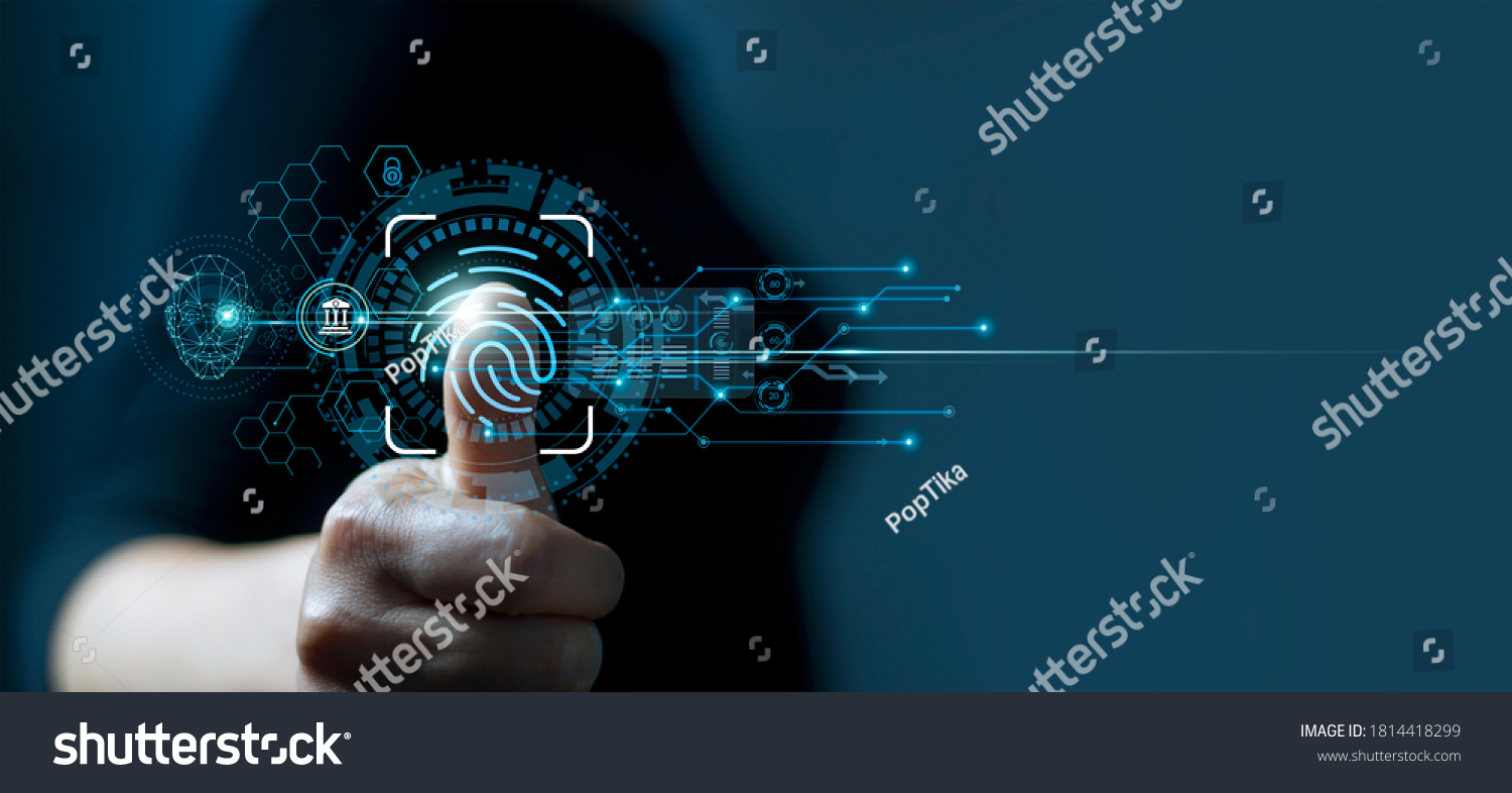 Businessman using fingerprint indentification to access personal financial data. Idea for E-kyc (electronic know your customer), biometrics security, innovation technology against digital cyber crime #1814418299