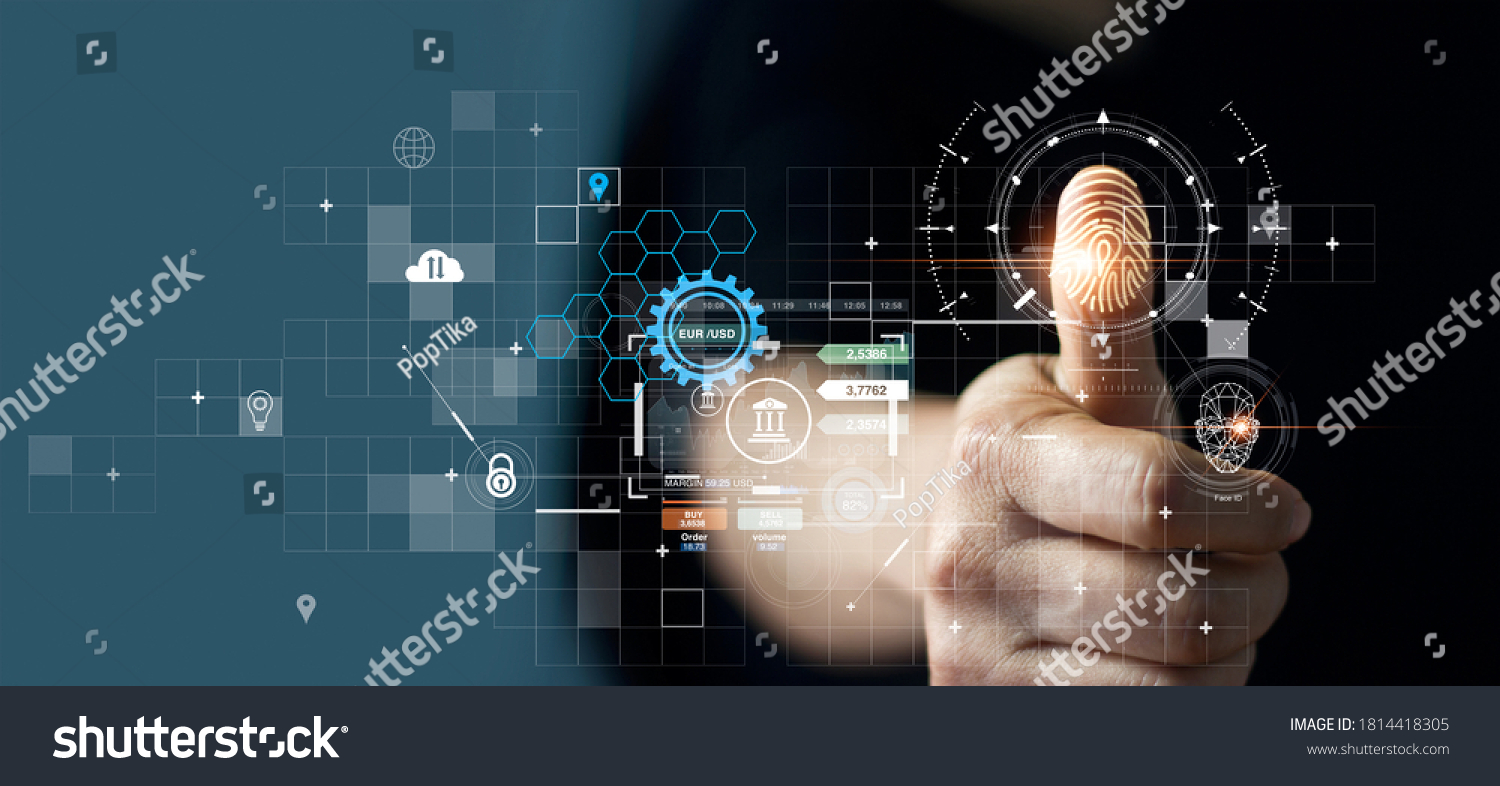 Businessman using fingerprint indentification to access personal financial data. for E-kyc (electronic know your customer), biometrics security, innovation technology against digital cyber crime #1814418305