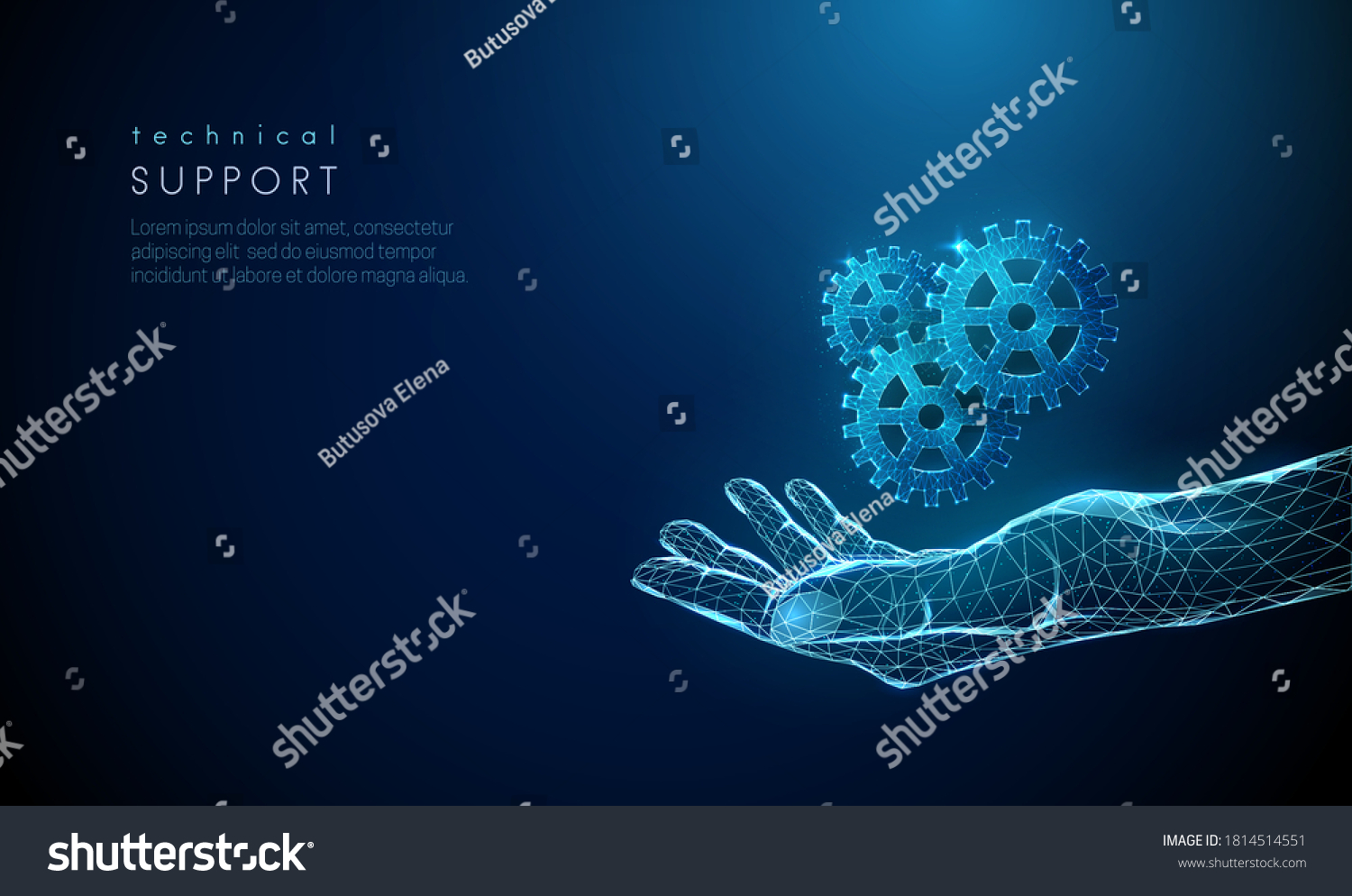 Abstract giving hand with cogwheels. Low poly style design. Artificial intelligence and machine learning concept. Modern 3d graphic geometric background. Wireframe light connection structure. Vector. #1814514551