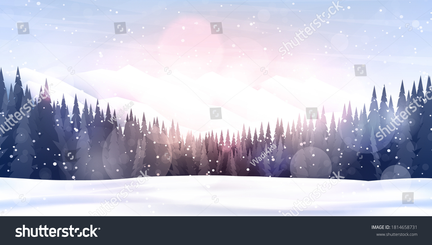 Vector illustration. Flat landscape. Snowy background. Snowdrifts. Snowfall. Clear blue sky. Blizzard. Cartoon wallpaper. Winter season. Forest trees and mountains. Design for website, poster, banner #1814658731