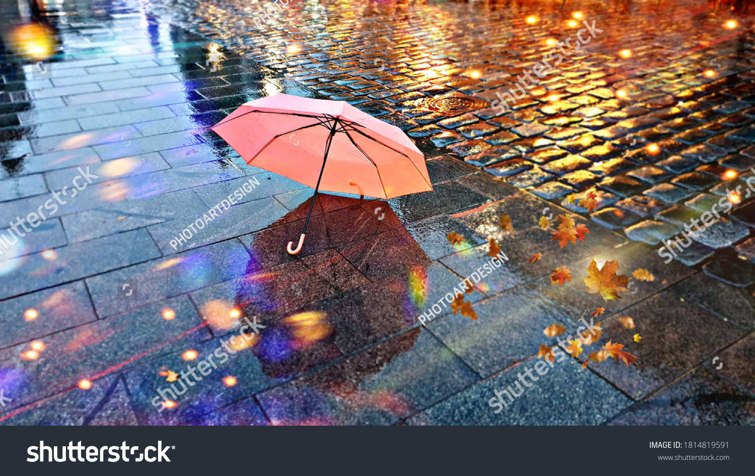 Rainy  Weather ,Autumn leaves falling  on road , pink umbrella on pavement city night light blurred at evening  #1814819591