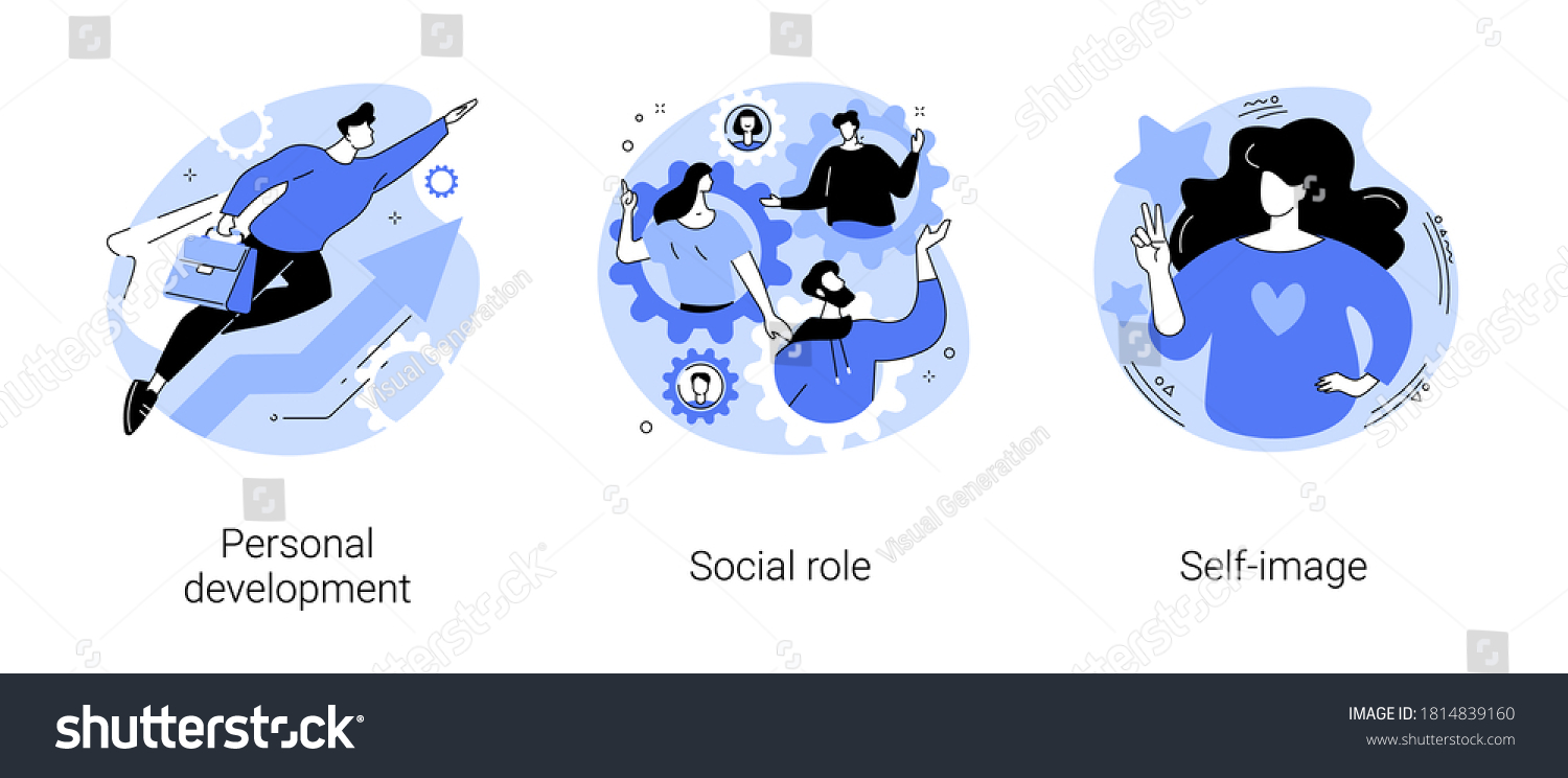Human capital abstract concept vector illustration set. Personal development, social role, self-image, gender stereotypes, career growth, self improvement, coach, modern family abstract metaphor. #1814839160