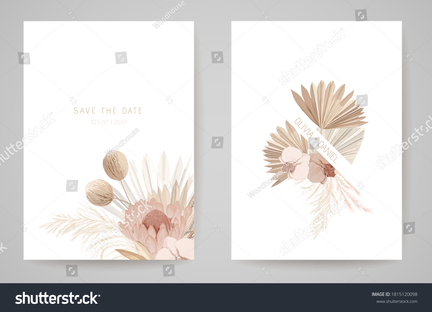 Wedding invitation dried tropical palm leaves, flowers card, dry pampas grass watercolor minimal template vector. Botanical Save the Date golden foliage modern poster, trendy design, luxury background #1815120098
