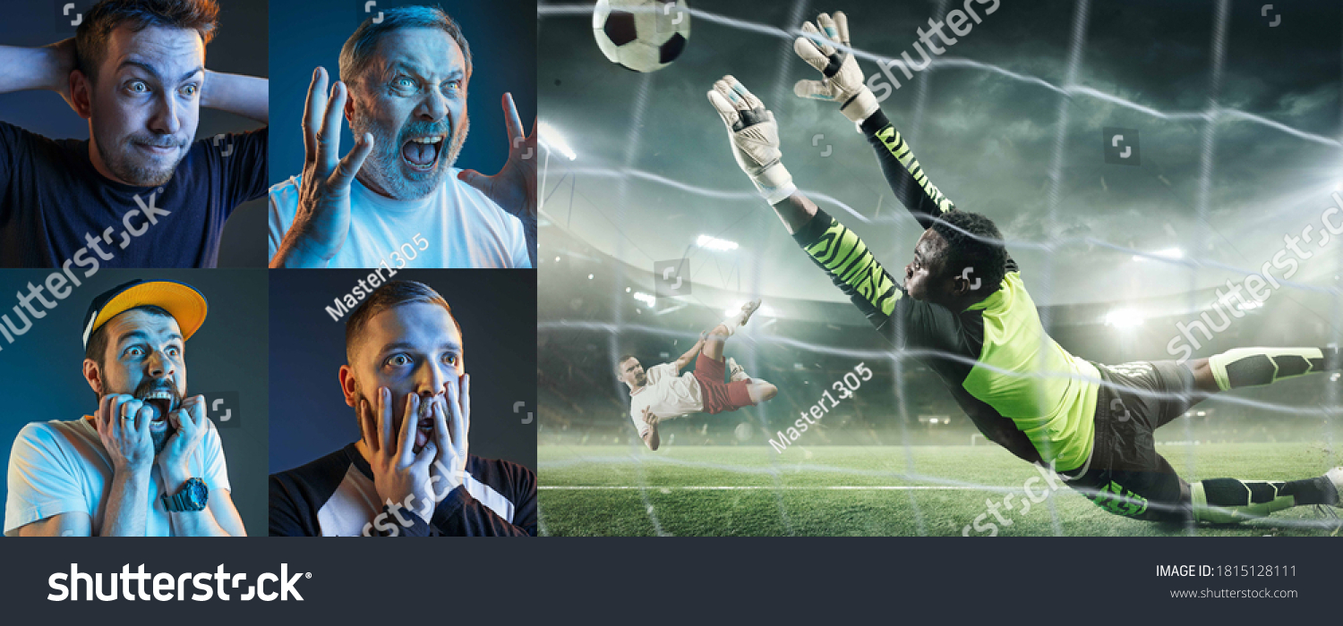 Emotional friends or fans watching football, soccer match on TV, look excited. Fans support, championship, competition, sport, entertainment concept. Collage of neon portraits and sportsman in action. #1815128111